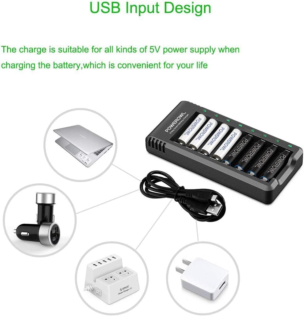POWEROWL - 4 Pcs AA 2800mAh & 4 Pcs AAA 1000mAh Rechargeable Batteries with 8 Slot Smart Battery Charger Set, USB Fast Charging for Ni-MH Charger + 4AA+4AAA — view 6
