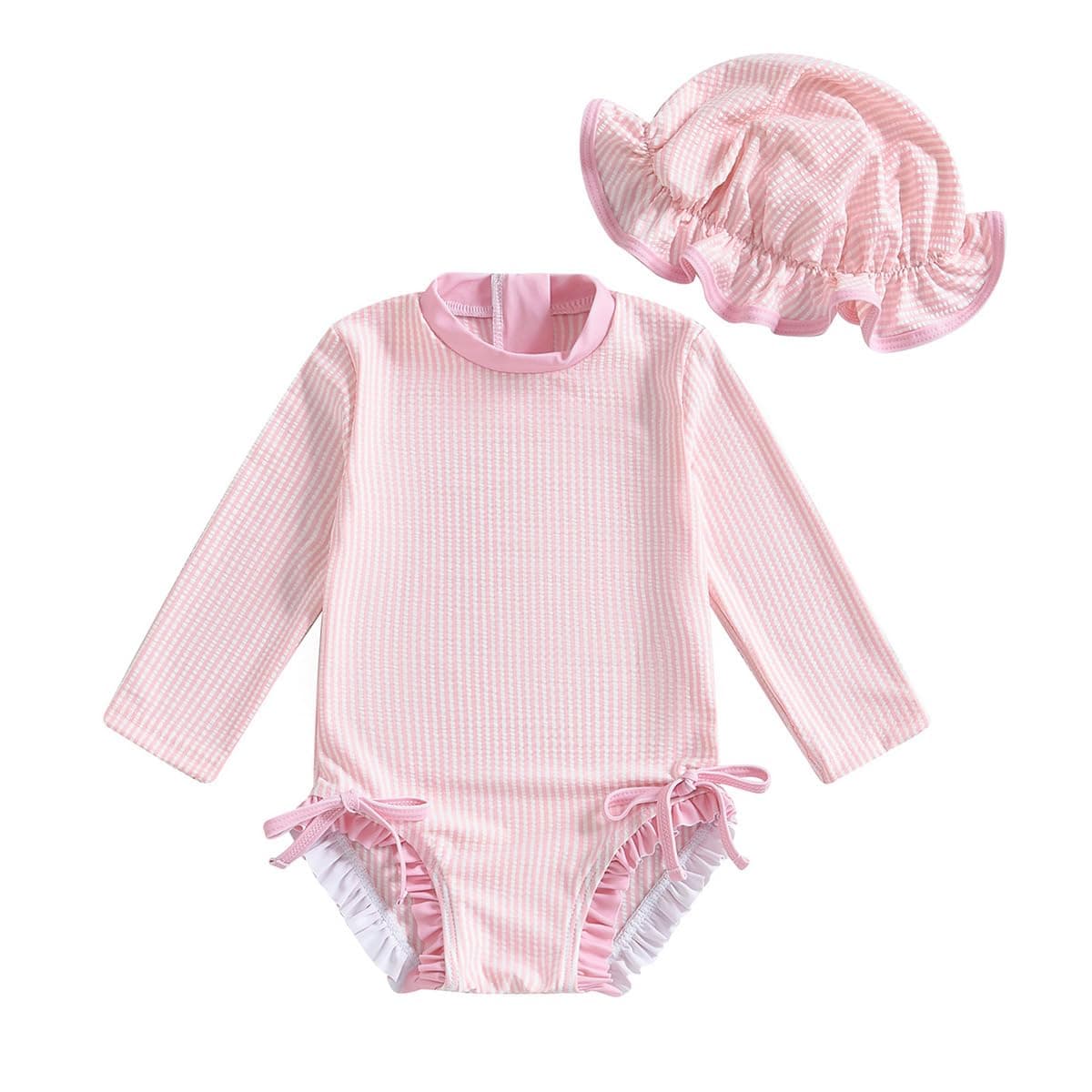 JENJON Traje de Baño a Rayas para Bebé Niña con Volantes Mangas Lindo Floral Traje de Baño de Una Pieza con Cremallera Protección UV y Gorro de Playa Verano — view 9
