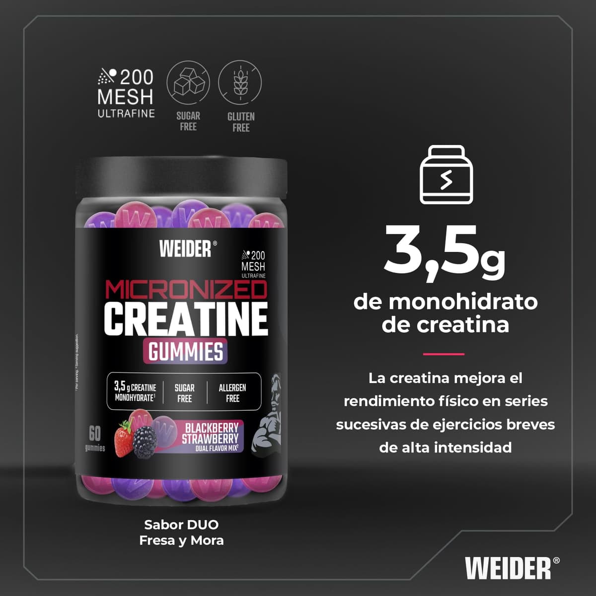 Weider Micronized Creatine Gummies (60 gominolas) Sabor DUO Fresa-Mora, con 3,5g creatina monohidrato 200 MESH/porción, Certificado por laboratorio Europeo, ayuda al rendimiento físico (20 porciones) — view 3