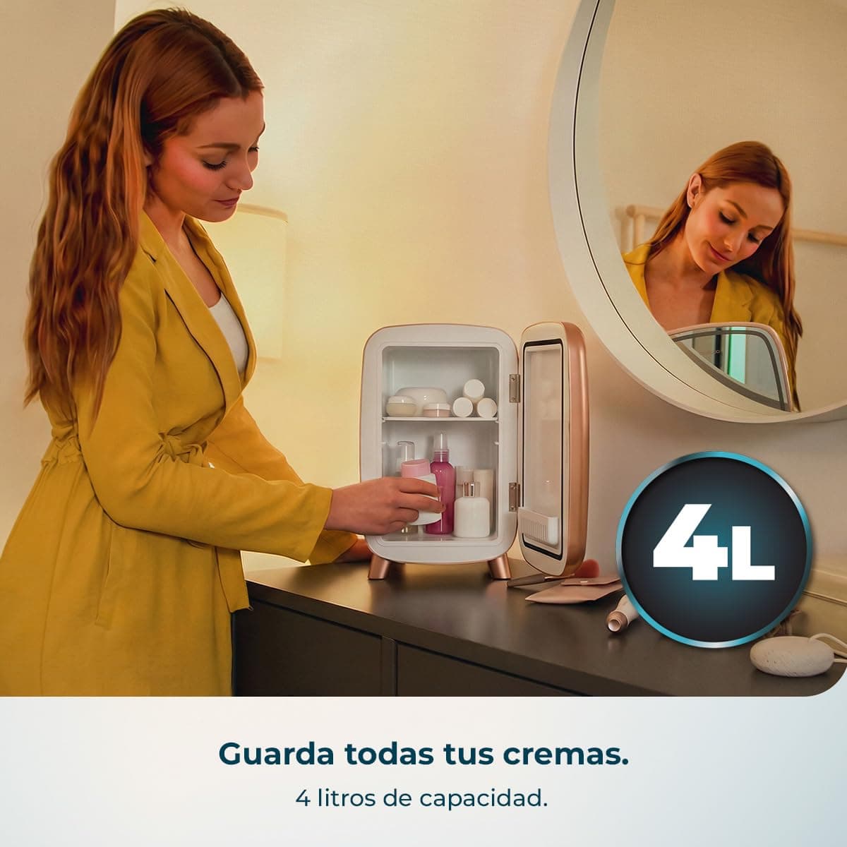 Cecotec Nevera Pequeña de Cosméticos 4L con Espejo CoolingBeauty 4000 Mirror Rose. Luz LED con 3 Intensidades, Hasta 5ºC de Enfriamiento, Asa Superior, Bajo Ruido, Incluye un Estante Interior — view 3