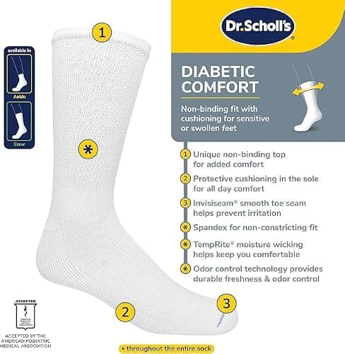 Dr. Scholl's Mens Diabetes & Circulator - 4 6 Pair Packs Non-binding Comfort And Moisture Management Sock, White, 7-12 US — view 3