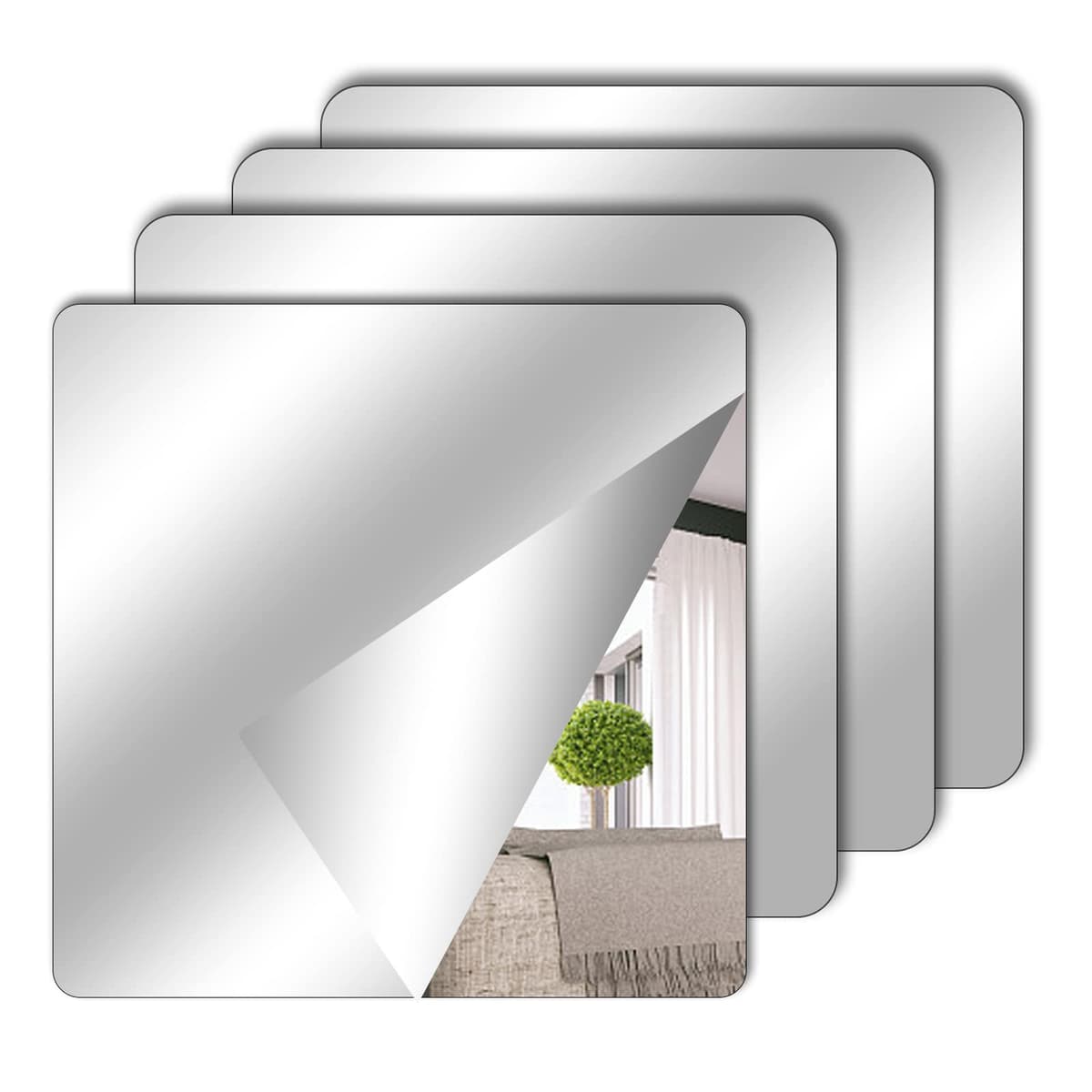 TSLBW 4 Pack Self Adhesive Mirror Stickers 15x15cm Acrylic Mirror Sheets for Wall School Home Livingroom Bathroom Bedroom Decor