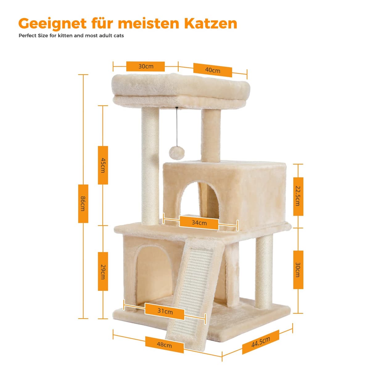 PETEPELA Cat Tree 90cm Cat Tower with Double Condos, Removable Spacious Perch, Fully Wrapped Scratching Posts for Indoor Cats, Replaceable Dangling Balls, 35 Inches Beige — view 5