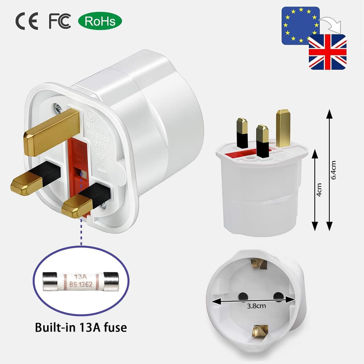 1 Pack European to UK Plug Adaptor, EU to UK Plug Adapter with 13A Fuse, European to uk plug Adapter 2 Pin Plug Adaptor to 3 Pin for Travel, Electronics & Devices (Not for Shavers or Toothbrushes) 1P — view 4