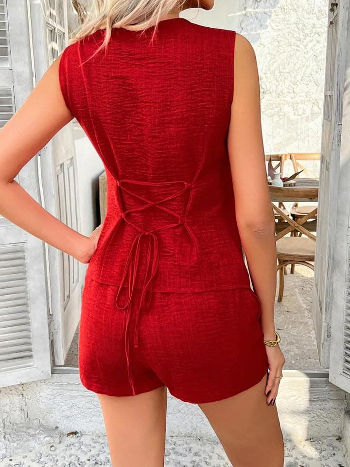 Conjunto de chaleco y pantalones cortos asimétricos con cuello en V para mujer, atuendo casual de verano de dos piezas — view 5