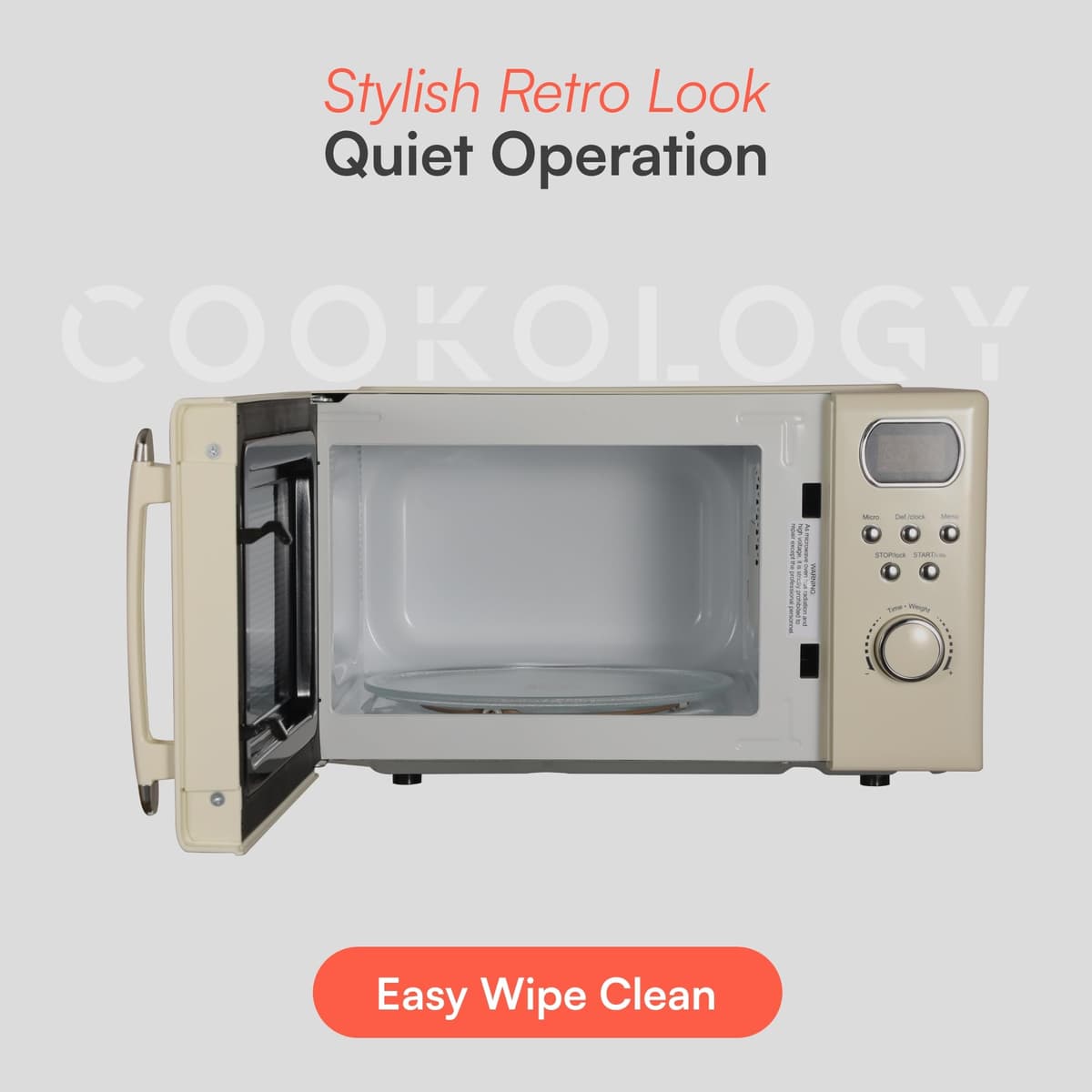 Cookology RETDD20CR Freestanding Retro Microwave - 20 Litre Capacity - With 25.5cm Turntable - 800W Microwave - 8 Auto Cooking Programs - 5 Cooking Power Levels - Defrost Setting - Cream — view 5