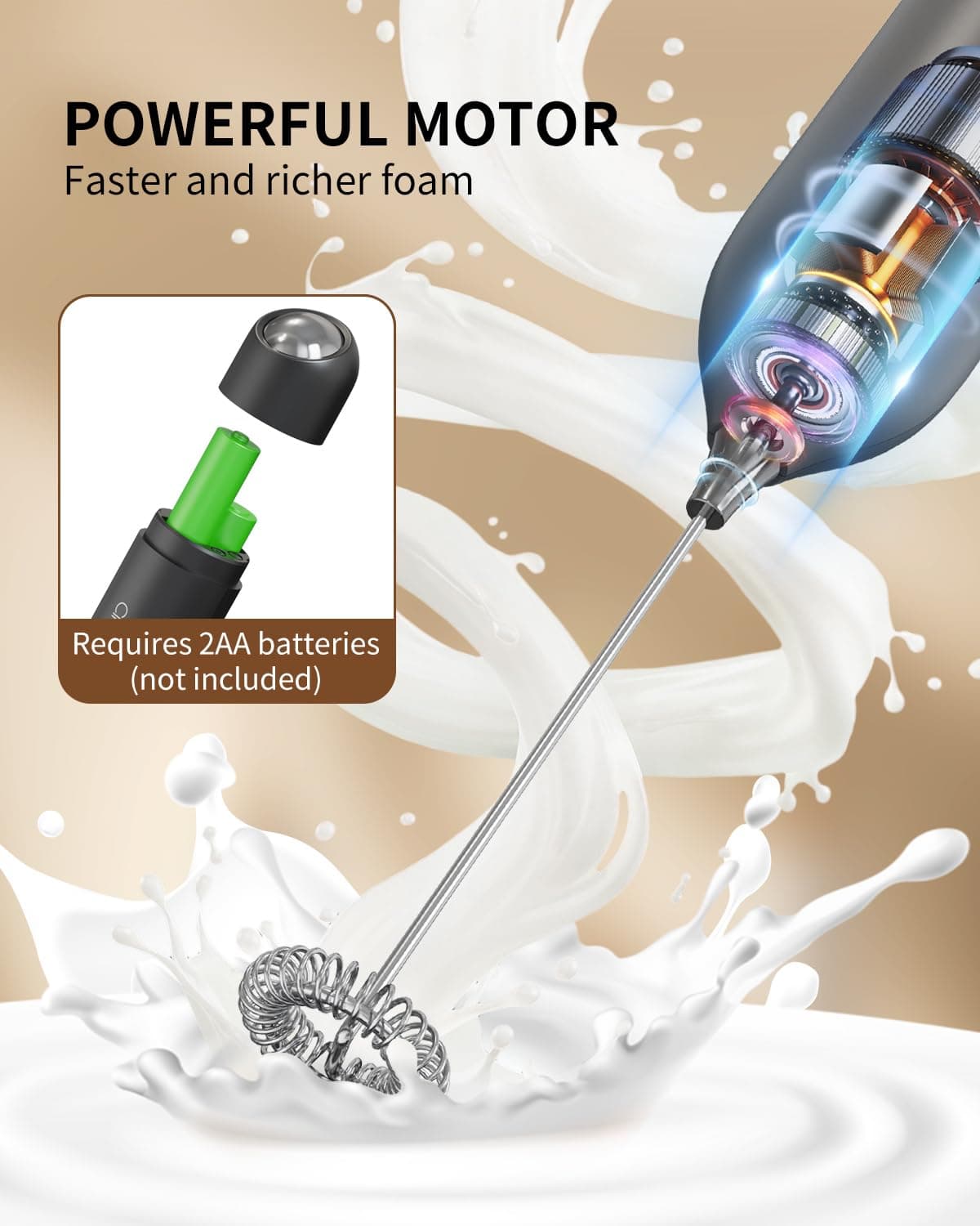 CIRCLE JOY Montalatte a Mano con Supporto, Frullino Montalatte Elettrico, a Batteria Mini Schiumatore per Latte, Cappuccino, Matcha, Regalo da Cucina, Nero — view 4