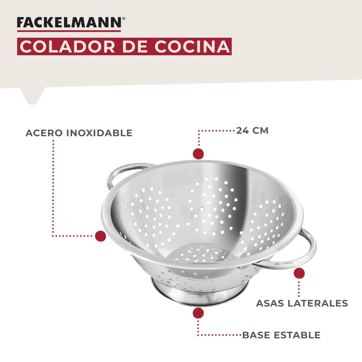Fackelmann Colador de Cocina y Escurridor en Acero Inoxidable, Colador con Asas y Peana Estable, Idóneo para Escurrir Ensalada, Pasta, Arroz, Legumbres y Verduras, 24cm, 1 ud. — view 5