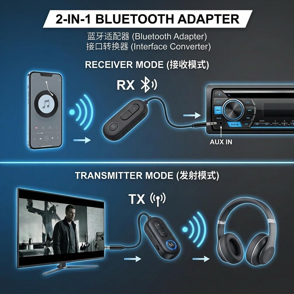 2 in 1 Airplane Bluetooth 5.4 Transmitter Receiver, Wireless Aux Adapter 3.5mm Dual Connection Mini Wireless Car Transmitter Receivers for Airplane Home Car Headphones TV Gym Speakers — view 5