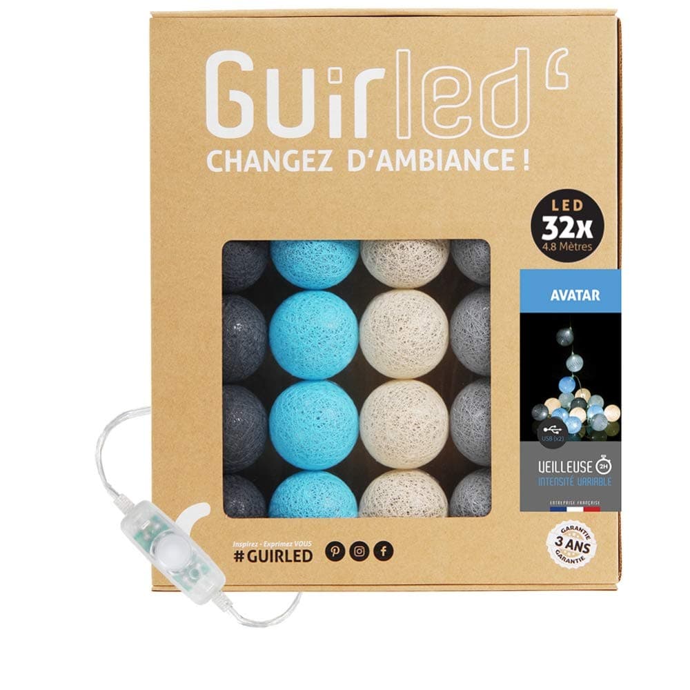 GuirLED - Guirnalda luminosa bolas de algodón LED USB- Luz de noche para bebé 2h - Adaptador de corriente dual USB 2A incluido - 3 intensidades - 16 bolas 1,6m - Byzantin — view 16