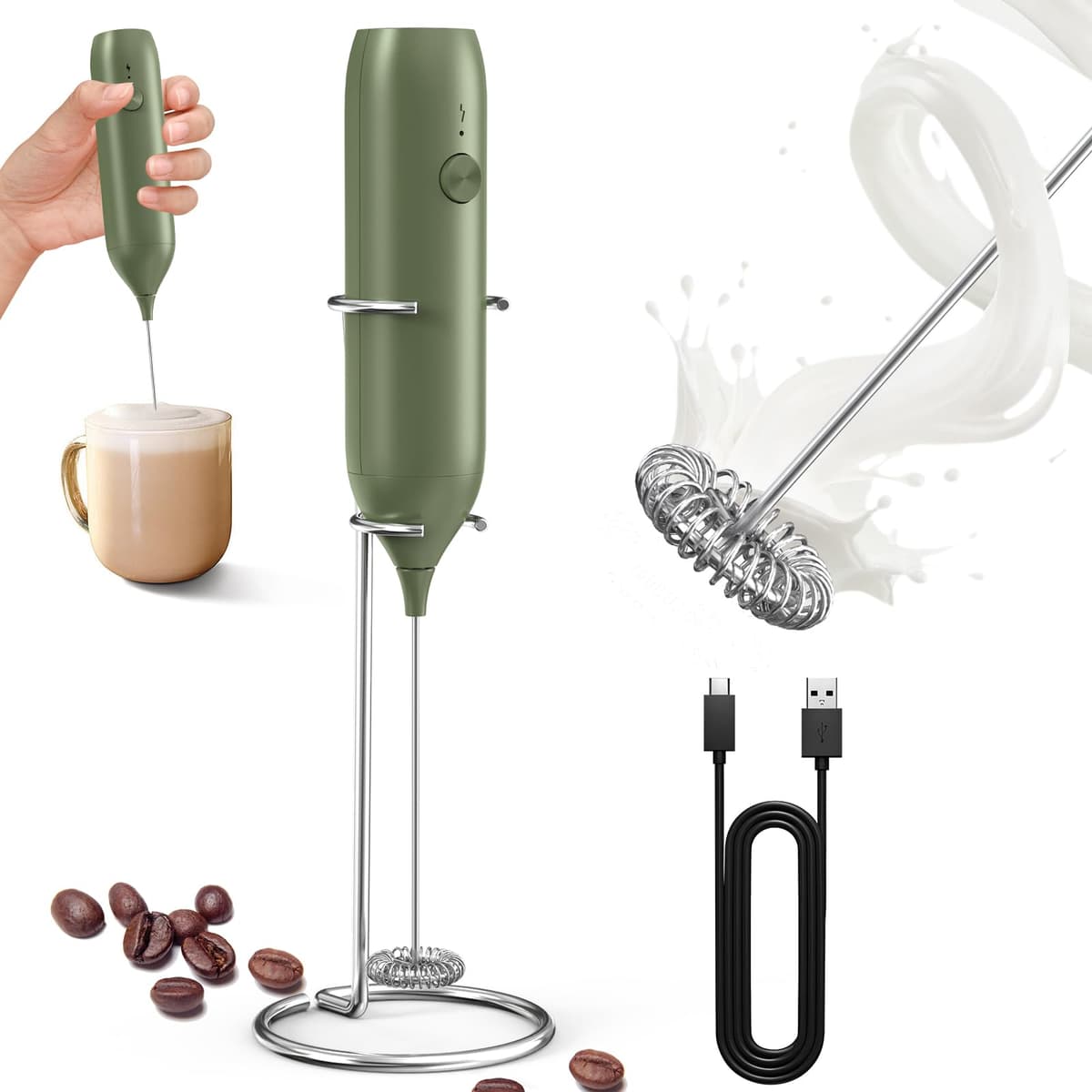 CIRCLE JOY Electric Milk Frother Handheld, Rechargeable Coffee Frother with Dual Spring Whisk, Portable Hand Frother Wand Drink Mixer for Coffee, Hot Chocolate, Cappuccino, Frappe, Matcha, Black — view 9