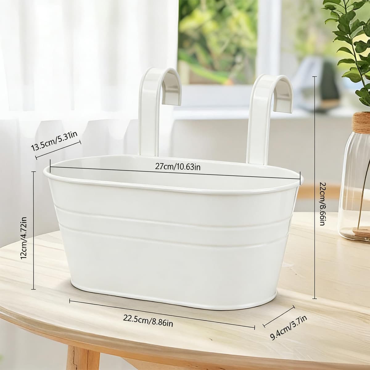 RIOGOO Macetas de metal Hierro Colgantes Macetas de jardín Macetas de balcón Macetas de metal Cubo de flores Soportes para colgar en la pared Maceta de decoración - Gancho desmontable (4 PCS) (blanco) — view 2