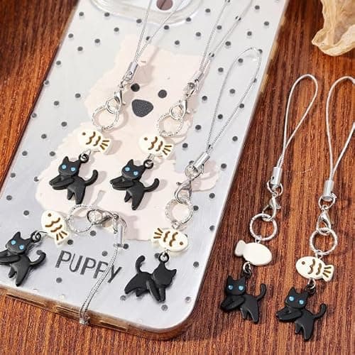 PUCAPOCO Black Cat Phone Charm Cute Kawaii Cat Fish Phone Camera Bag Charm Accessories (Black) — view 5