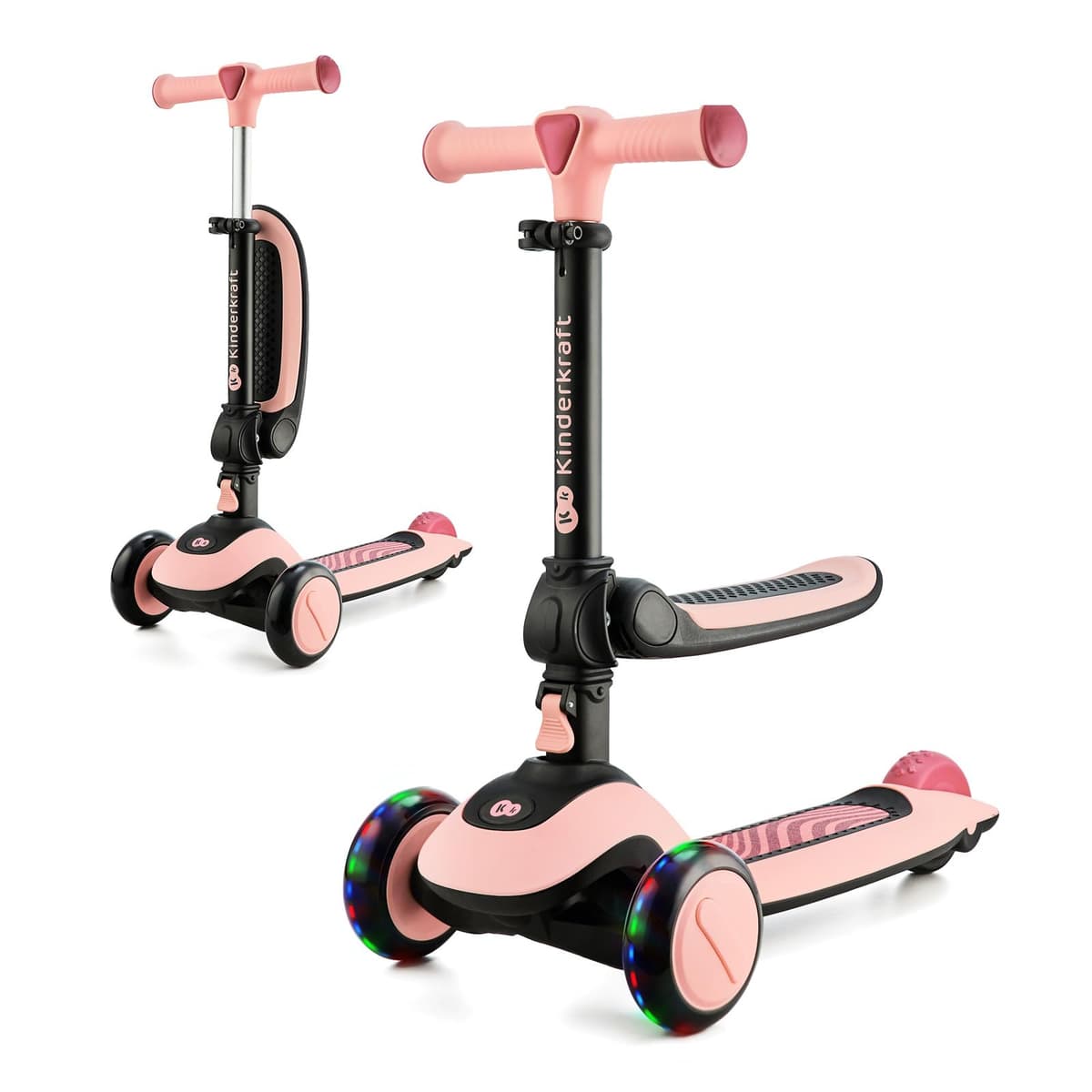 Kinderkraft Halley 2 en 1 Bicicleta sin Pedales y Patinete con Ruedas LED, Manillar Ajustable, Base Antideslizante, Ultraligera y Segura para Niños – Rosa
