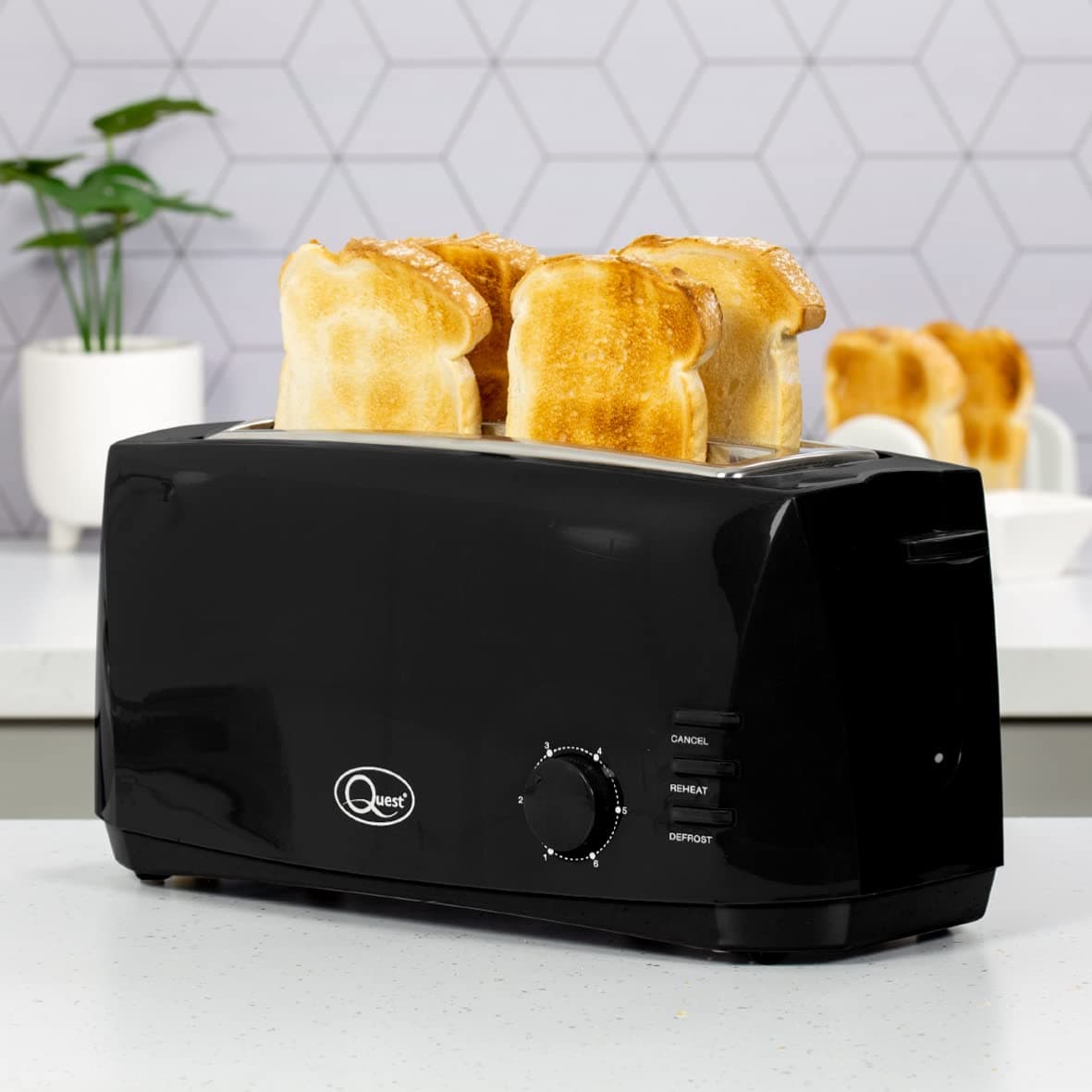 Quest 4 Slice Toaster Black - Extra Wide Long Slots for Crumpets and Bagels - 6 Settings - Reheat and Defrost — view 2