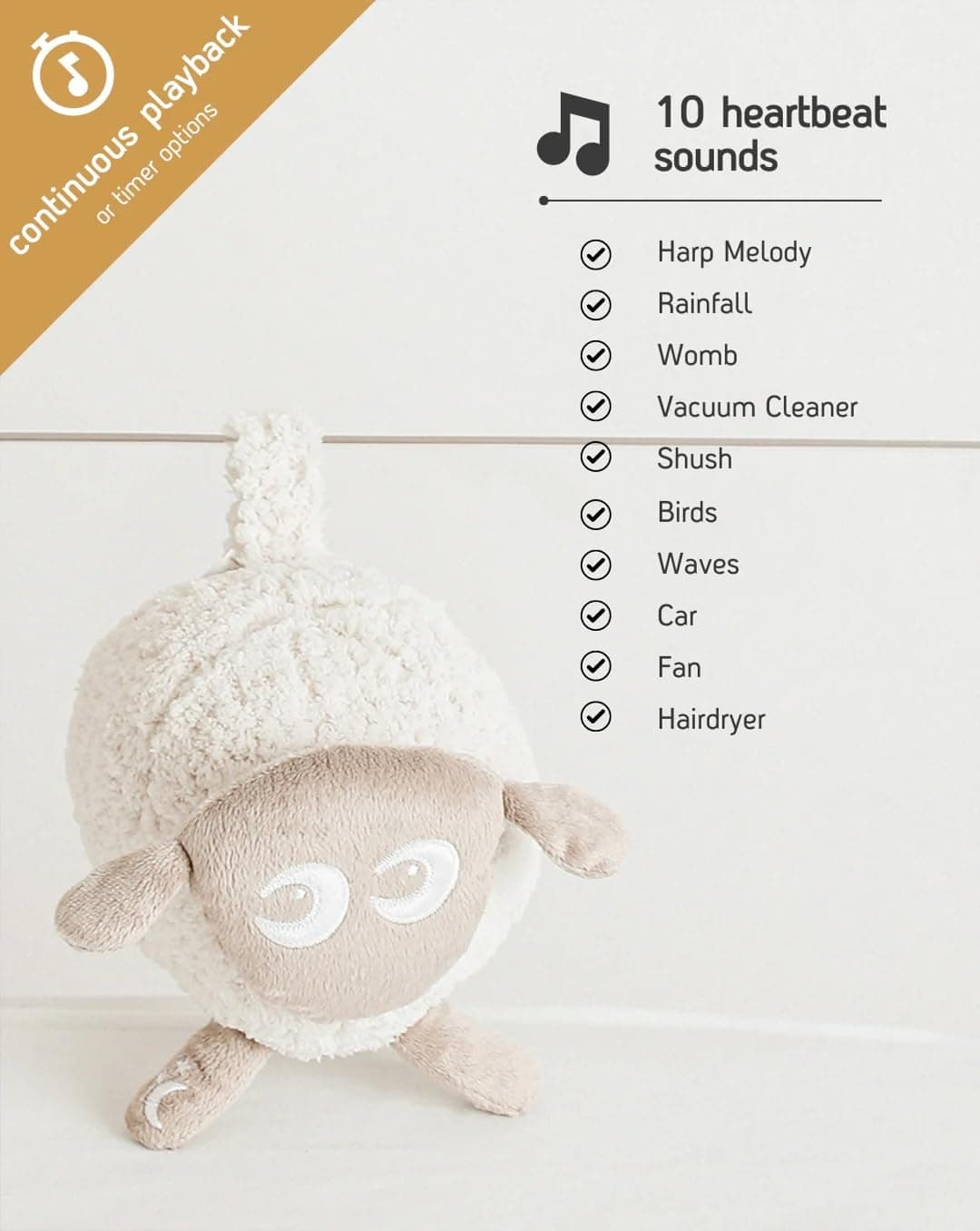 Sweet Dreamers, Rechargeable Ewan Deluxe, Beige | Baby & Infant Sleep Aid Gift | Cry Sensor & Nightlight | 10 Soothing White & Pink Noise Sounds | Continuous or Timer Playback | Machine Washable — view 3