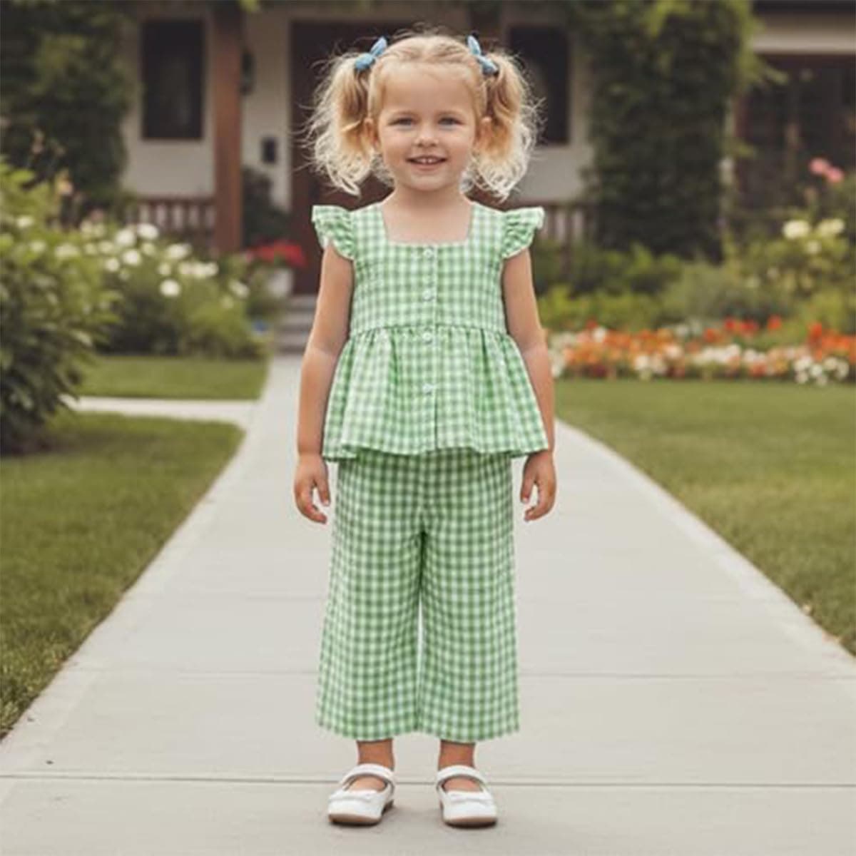 Conjunto Verano para Niñas Pequeñas Color Liso/Cuadros Sin Mangas Con Volantes Camisetas y Pantalones Anchos de Lino Ropa Infantil de Primavera — view 7