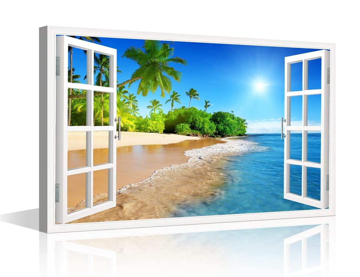 TISHIRON 3D Window View Seaside Effect Canvas Wall Art Prints for Living Room Bedroom Decor Office Kitchen Home Decoration Framed Ready to Hang 12x18inch — view 51