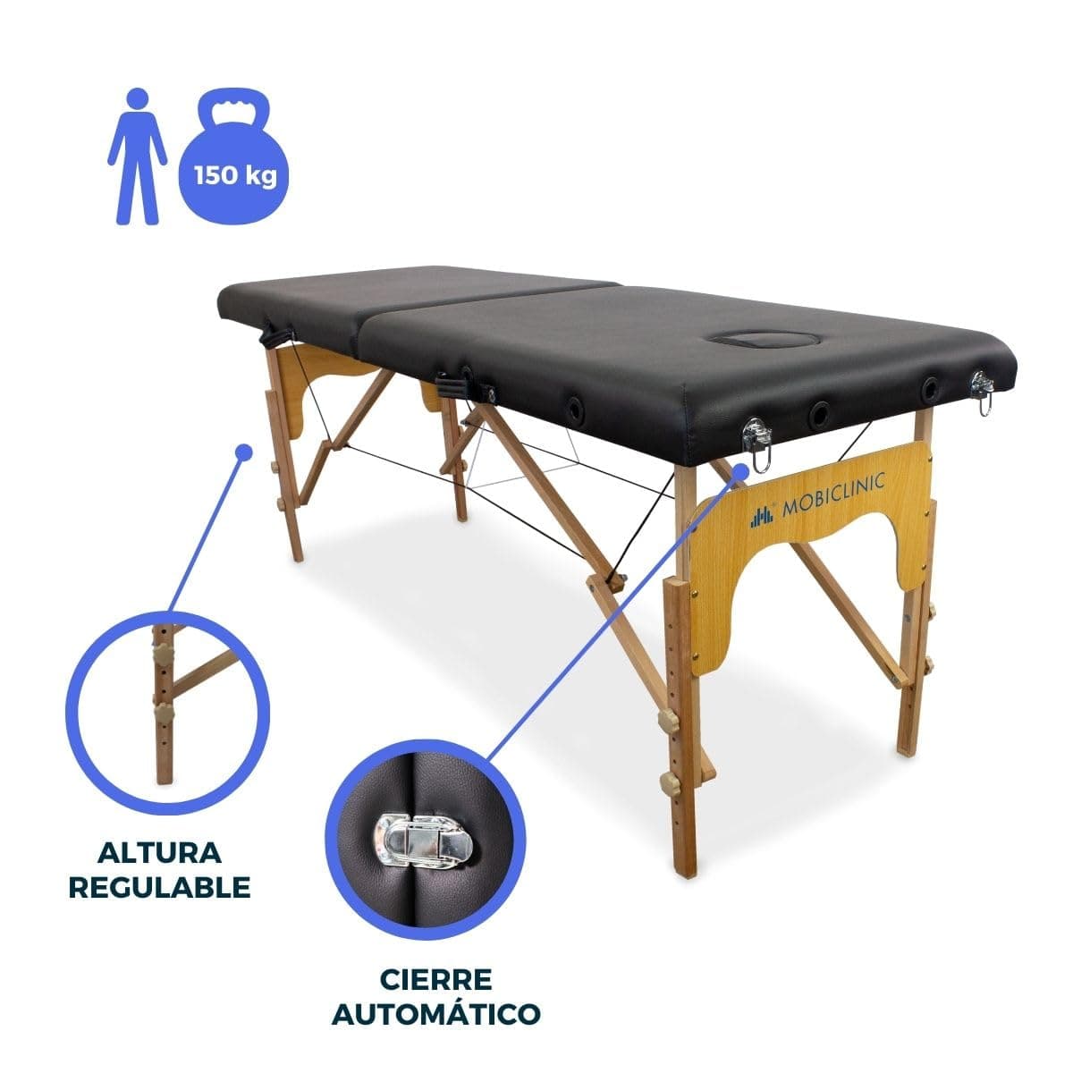 Mobiclinic®, Camilla de Masaje Plegable, CM-01 Basic, Mesa, Profesional, Portátil, Madera, 2 Cuerpos, Marca Española, Regulable, 180x60 cm, Negra — view 4
