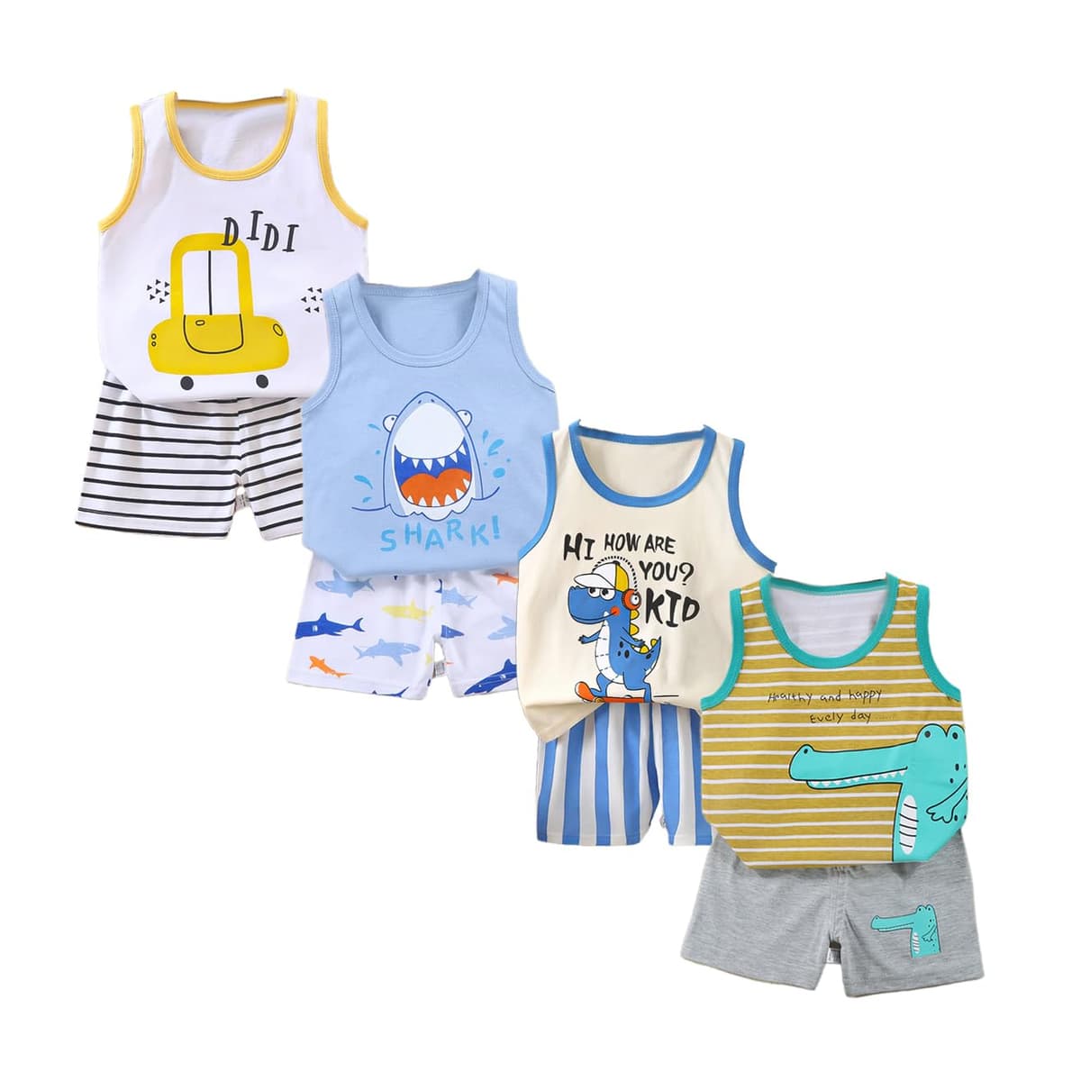 XM-Amigo 8 Piezas/4 Conjuntos Top sin Mangas y Pantalones Cortos para Niños y Bebés Varones 3 Meses-7 Años Camisetas sin Mangas Verano — view 9