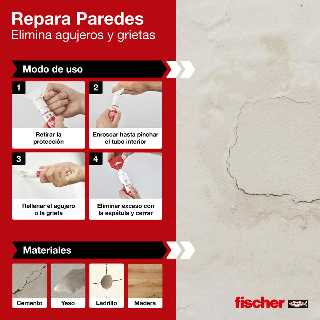 fischer - Masilla Adhesiva Repara Paredes, Compatible con Placas de Yeso PLADUR®, Cemento, Hormigón o Mamposteria | Para Tapar Agujeros Pared, Reparador de Pared | Incluye Espátula (75 ml) — view 4
