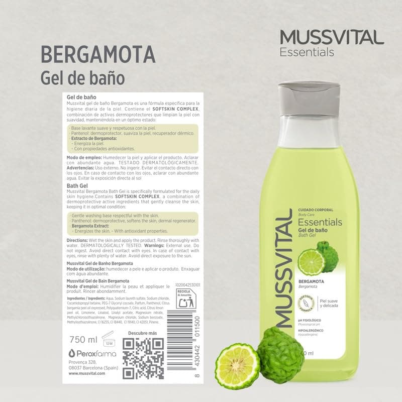 MUSSVITAL Essentials Bergamot Bath Gel 750 ml, pH 5.5 Physiological, with Panthenol, Gentle Washing Base, Daily Skin Cleaning, Body Hygiene — view 3