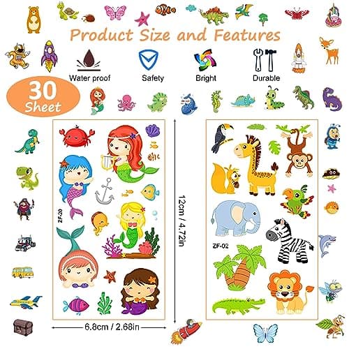 Habett Temporary Tattoos for Kids, 300+ Mixed Styles Temporary Tattoos Stickers Set for Girls and Boys, Space Dinosaur Animals Butterfly Temporary Tattoos for Kids Birthday Party Supplies — view 4