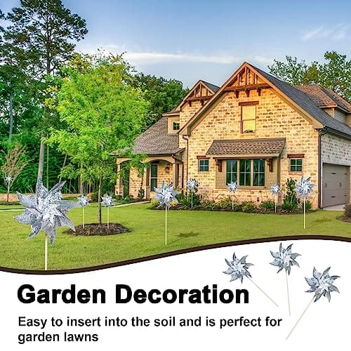 HOOSUN 10 Pack Reflective Pinwheels for Yard and Garden,Wind Spinners Outdoor Bird Scare Devices,Sparkly Windmills for Garden Decor Scare Birds Away Wind Spinners for Outside Patio Yard Lawn — view 5