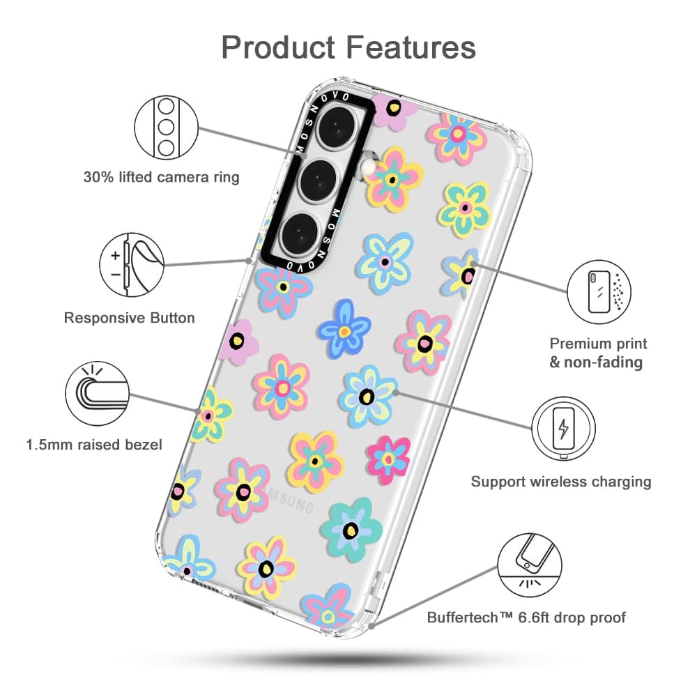 MOSNOVO Case for Samsung Galaxy S24 Plus, [Buffertech 6.6ft Military-Grade Drop Protection] [Anti Peel Off Tech] Clear TPU Bumper Phone Case Cover Design - Groovy Flower — view 6
