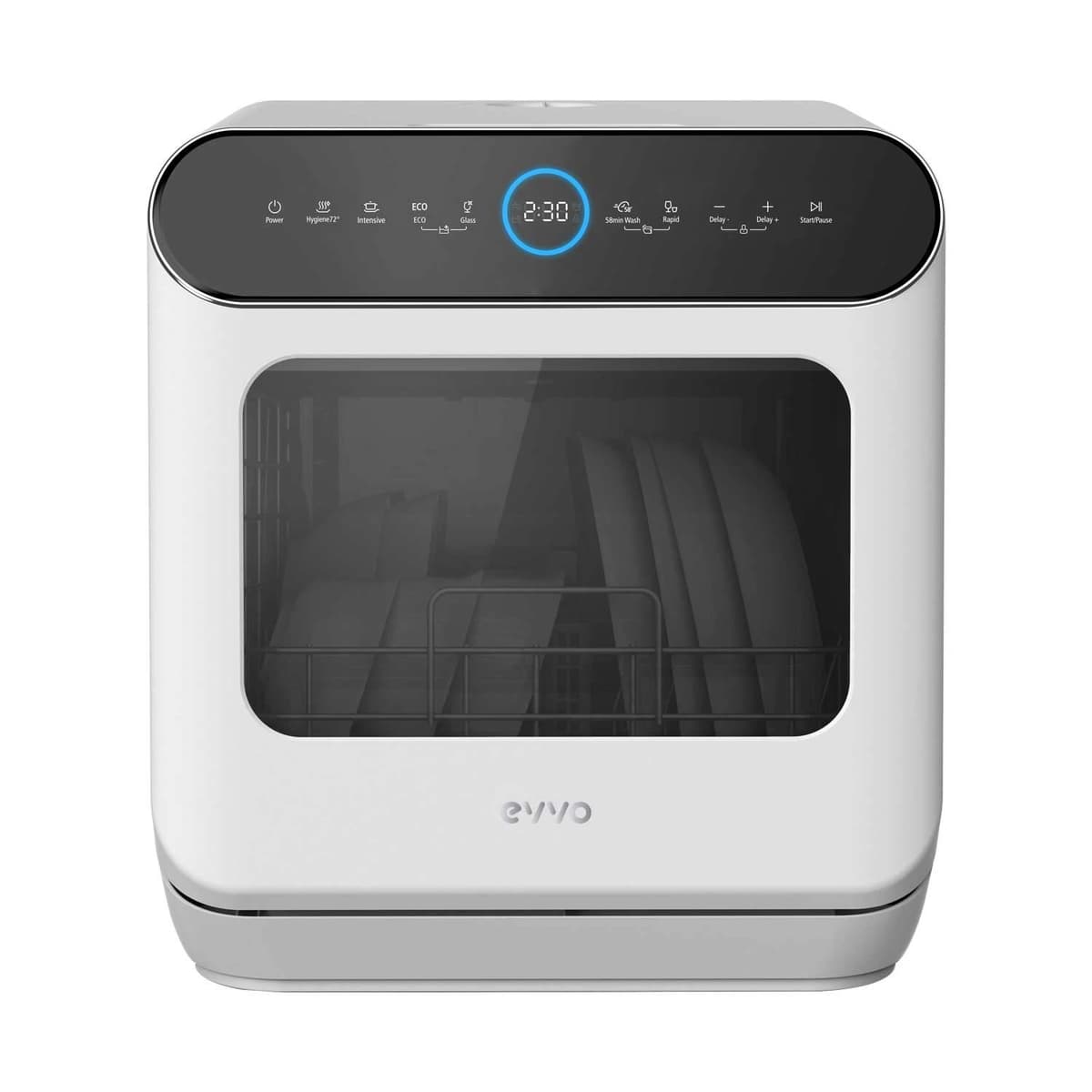 EVVO Lavavajillas Tamaño Pequeño Compacto y Sin Instalación, Para Sobremesa o Encimera, 3 Servicios, 6 Pogramas, Secado Extra, Programa ECO, Programa Autolavado, Programable, Mini D Trip 2 (Blanco)