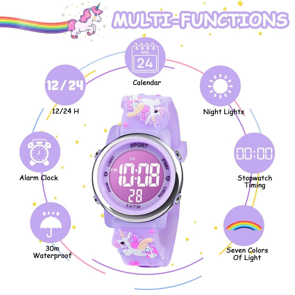 Vicloon Reloj Digital para Niños Niña, Luz Intermitente LED de 7 Colores Reloj de Pulsera Niña Multifunción, Reloj Unicornio Niña, Relojes Niñas Niños Digital para Niños de 3 a 12 años — view 4