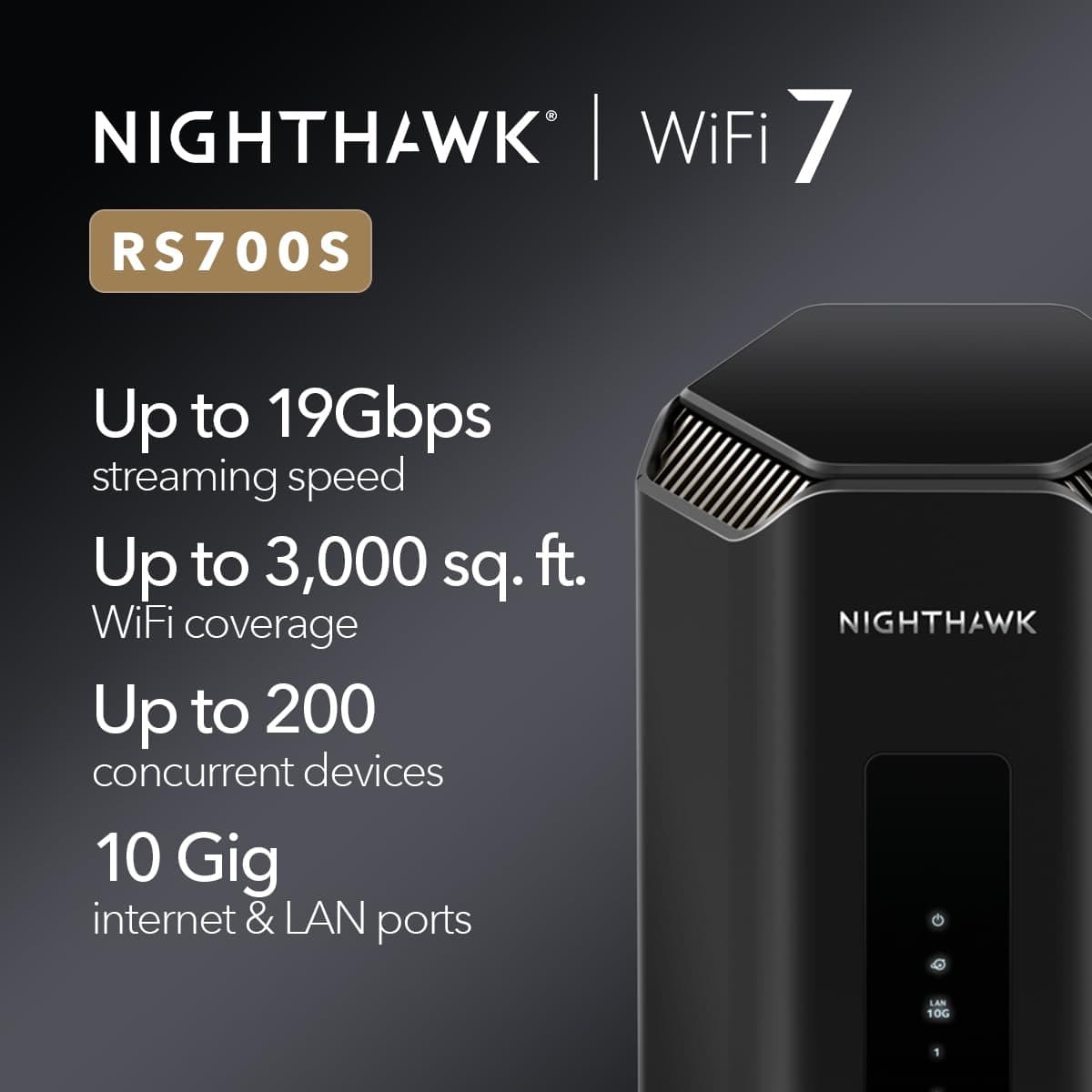 NETGEAR WiFi 7 Router Nighthawk Tri-Band WiFi 7 (RS700S) - security features, Wireless BE19000 speed (up to 19 Gbps) - 10gb Internet port — view 2