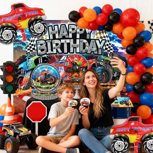 LaVenty Monster Truck Birthday Plates Napkins Monster Trucks Birthday Decoration Monster Trucks Party Supplies Monster Truck Backdrop Balloons Banner — view 4