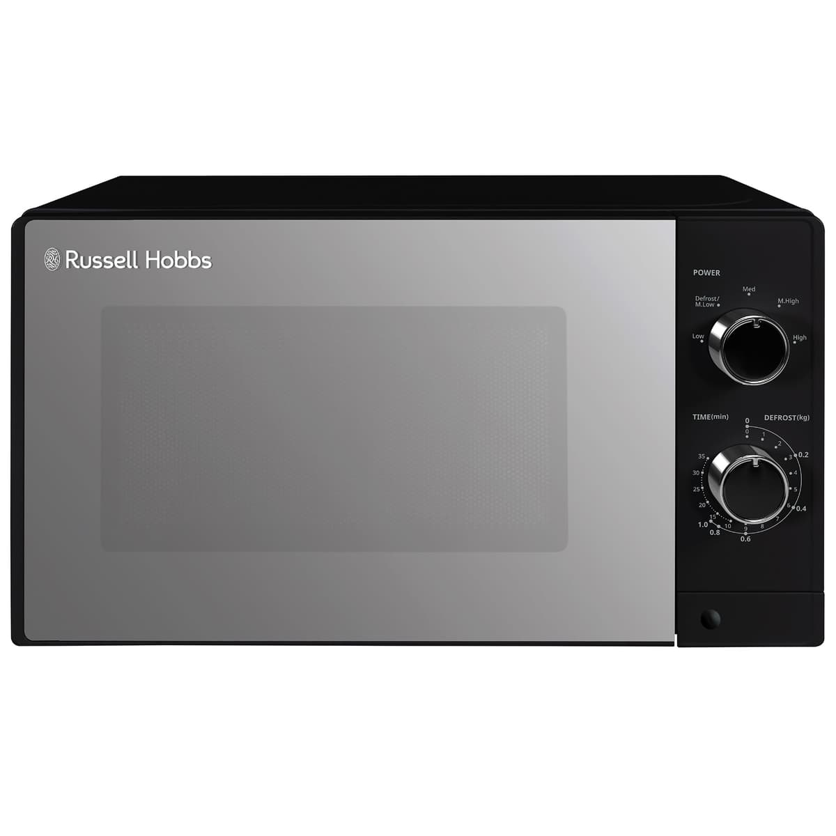 Russell Hobbs 20 Litre 800W Black Solo Manual Microwave with Mirrored Door, 5 Power Levels, Integrated Timer and Defrost Function, Easy Clean RHM2027B