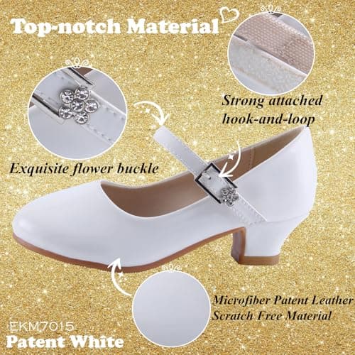 EIGHT KM Girls High Heel Dress Shoes Mary Jane Princess Wedding Party Pump Shoes EKM7015 Patent Leather White Size 2.5 US Big Kid — view 5