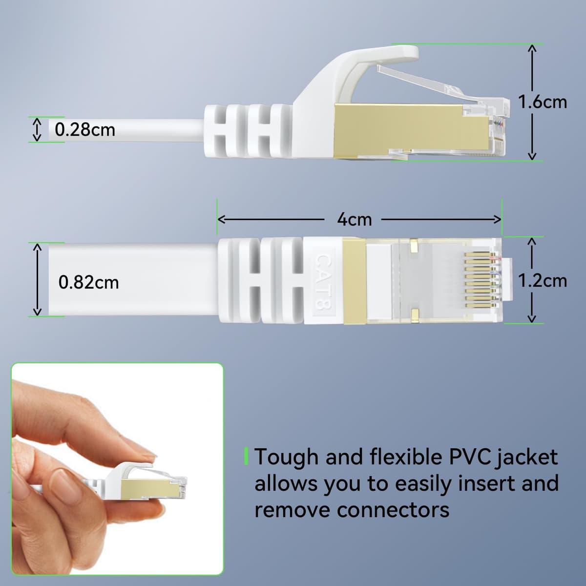 BUSOHE Cat 8 Ethernet Cable 0.5m, High Speed Flat Gigabit RJ45 Lan Network Cable, 40Gbps 2000Mhz Internet Patch Cord Compatible with Router, Modem, PC, Laptop, Printer (White) — view 5