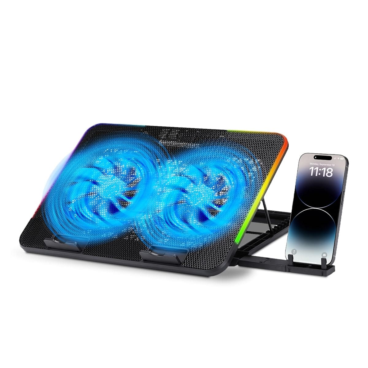 NK Base Refrigeradora Portátil - Ventilador Ordenador Portatil de 12-17" con Soporte, 4 Ventiladores Silenciosos, 2 Puertos USB, Refrigeración Rápida, Luz LED Azul - Color Negro — view 11