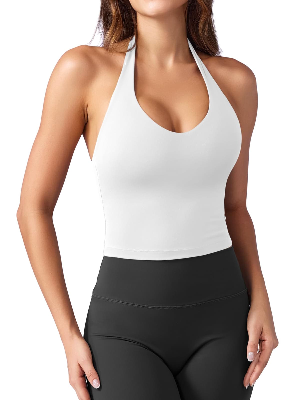 YEOREO Women's Halter Crop Top V Neck Workout Going Out Tank Top Hazel Padded Sleeveless Backless Trendy Summer Camisole — view 19