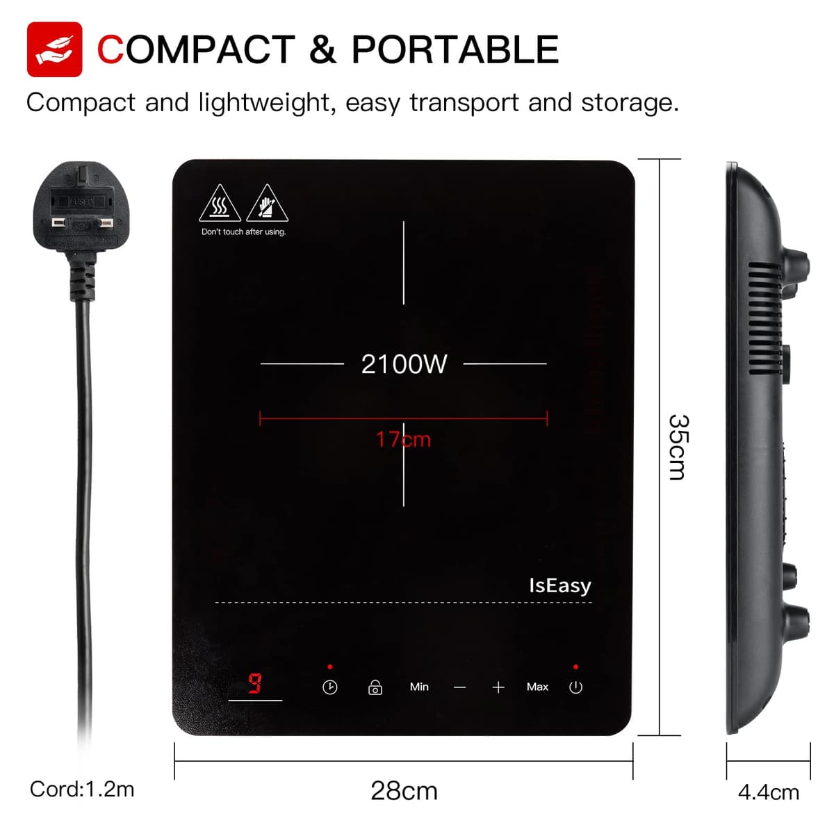 IsEasy Single Induction Cooker 2100W Portable Induction Hob with Slim Black Crystal Panel Body, 9 Power Levels, Max & Min Function, 8-hours Timer, Safety Lock — view 4