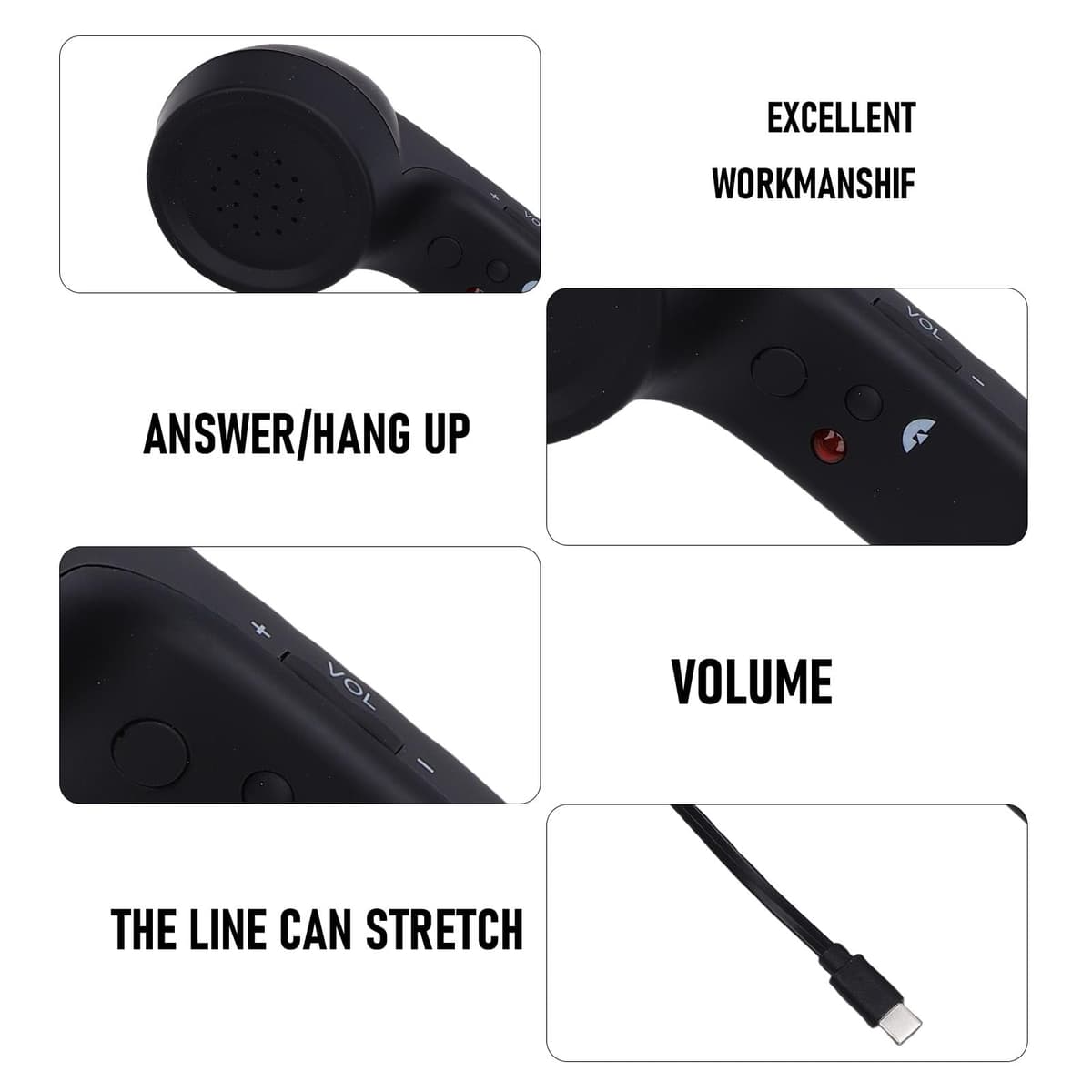 Auricular de Teléfono Retro USB C con Control de Volumen de Micrófono, Receptor de Teléfono Vintage con Cable, Accesorio de Móvil Reductor de Radiación de la Vieja (Black) — view 2