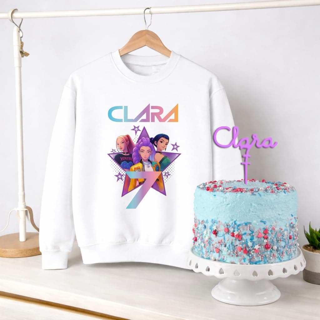 Evyre KPOP Birthday T-Shirt Personalised Name and Age with Topper Anniversary Cake Gift Party Huntrix Sajaboys Boys Girls Unisex Children's Sweatshirt (Star) — view 3