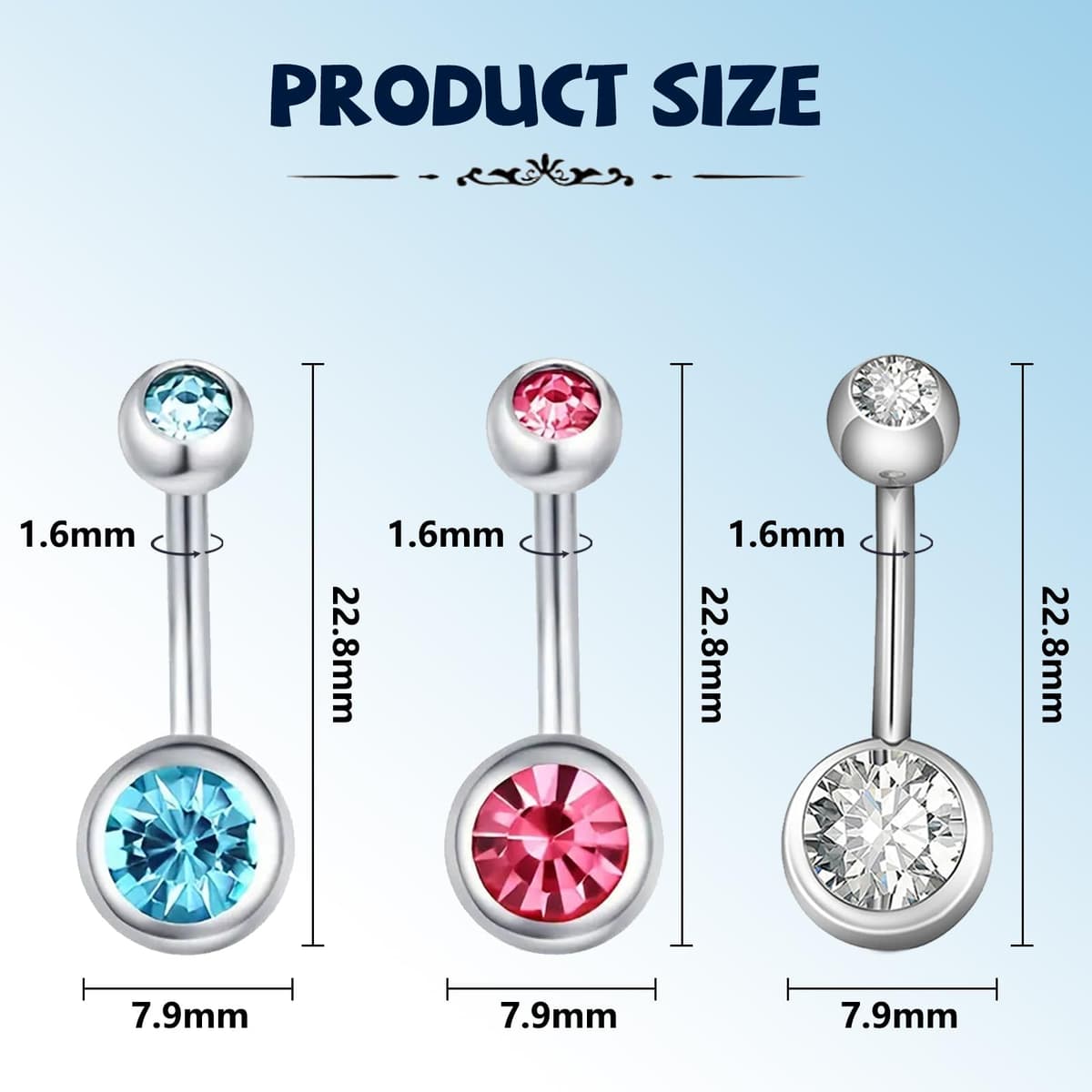 Aucuu 3/4/5/12/20PCS Piercing Ombligo, 14G de Acero Inoxidable, Forma de Barra Curvada y Circonita CZ Cúbica Perla Ombligo Joyería para Mujeres Hombres — view 2