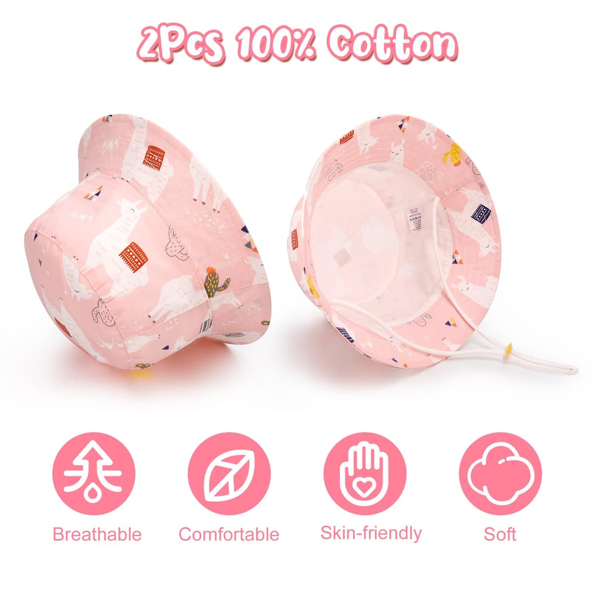 2 Pieces Toddler Sun Hat Kids Bucket Sun Hat Baby Cute Print Summer Hat with Adjustable Head Drawstring and Chin Strap Outdoor Kids Summer Protection Bucket Hats — view 2