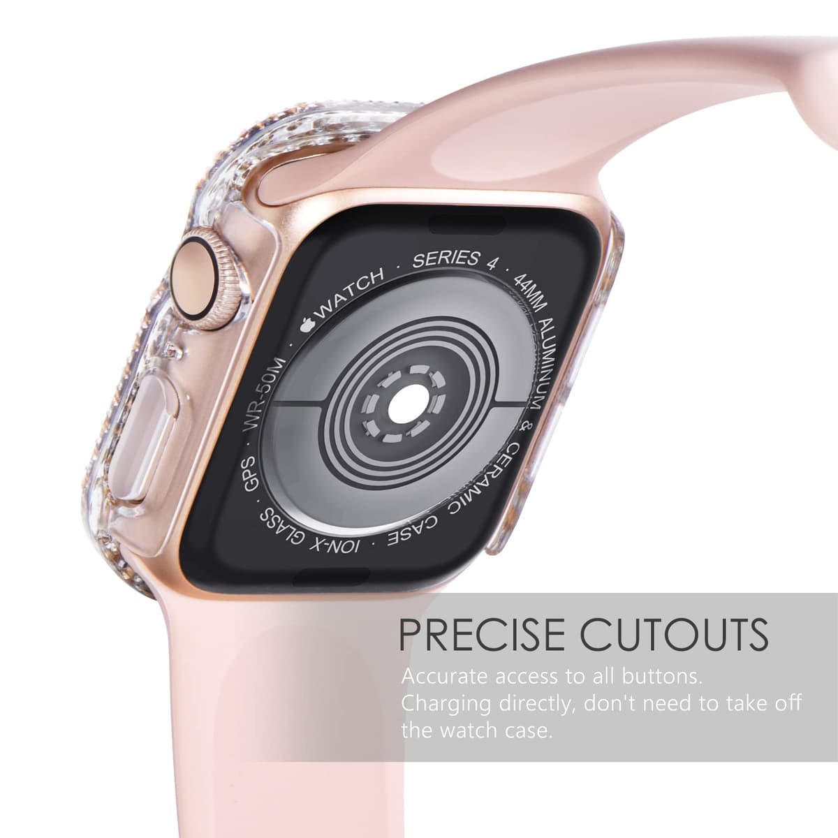WINGLE Compatible with Apple Watch Screen Protector 44mm SE 3 2 1/ Series 6 5 4, Women Shiny Diamond Cover with Tempered Glass Screen Protector for Apple Watch Case 44mm,Clear — view 5