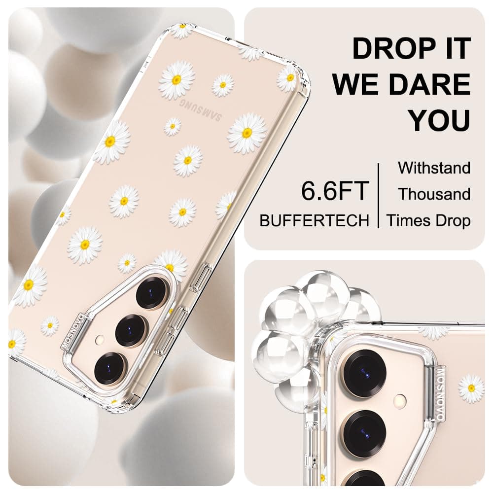 MOSNOVO Case for Samsung Galaxy S25 / Galaxy S24, [Buffertech 6.6ft Military-Grade Drop Protection] [Anti Peel Off Tech] Clear TPU Bumper Phone Case Cover Design - White Daisy — view 5