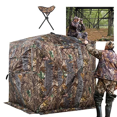 FUNHORUN Hunting Blind 270 Degree See Through Ground Blind for Deer/Turkey Hunting, 2/3 Person Pop Up Camouflage Tent with Chair, Portable Concealed Shelter with Carrying Bag