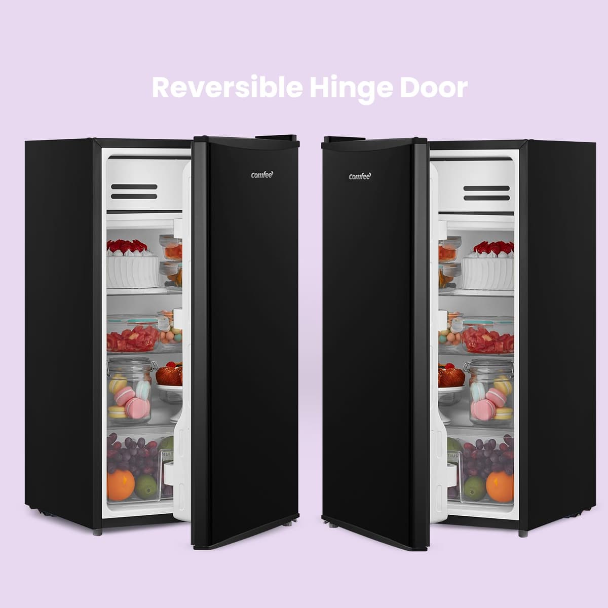 COMFEE' RCD93BL2(E) Under Counter Fridge, 93L Freestanding Refrigerator with Cooler Box, Adjustable Thermostat, Reversible Door, Removable Glass Shelves, Interior Light, Black — view 5