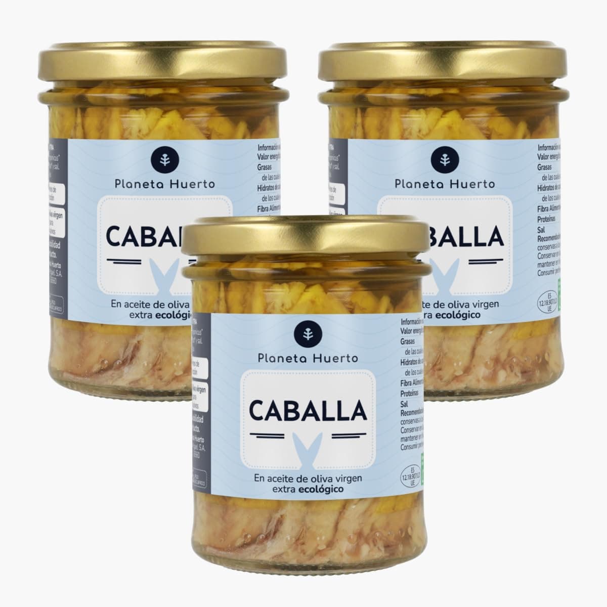 PLANETA HUERTO | Pack 3x Caballa en Aceite de Oliva Virgen Extra 190 g, Conserva Ecológica Artesanal - Caballa en Conserva Rica en Omega‑3 DHA, Fuente de Proteína Natural y Sabor Mediterráneo
