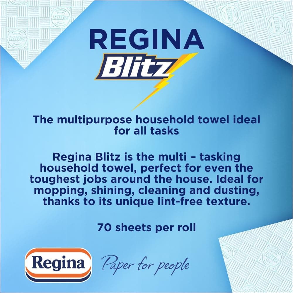 Regina Blitz Household Towels – 12 Triple Layered Rolls, 70 Sheets Per Roll, Recyclable-Paper Packaging, FSC Certified Paper, 60% Larger Than Standard Kitchen Roll Sheets Blitz 12 Rolls