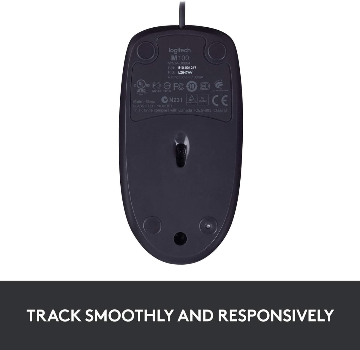 Logitech B100 Wired USB Mouse, 3-Buttons, Optical Tracking, Ambidextrous PC / Mac / Laptop - Black — view 6